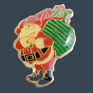 Santa Claus Pin Brooch Bag Sack Toy Vintage Enamel Holiday Jewelry